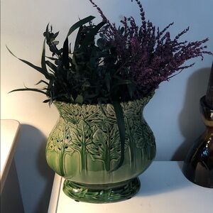 Green Ceramic Vase with Floral Design